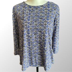 FatFace Knit Top Women's 10‎ Blue Geometric Tile Print 3/4 Sleeve Button Detail